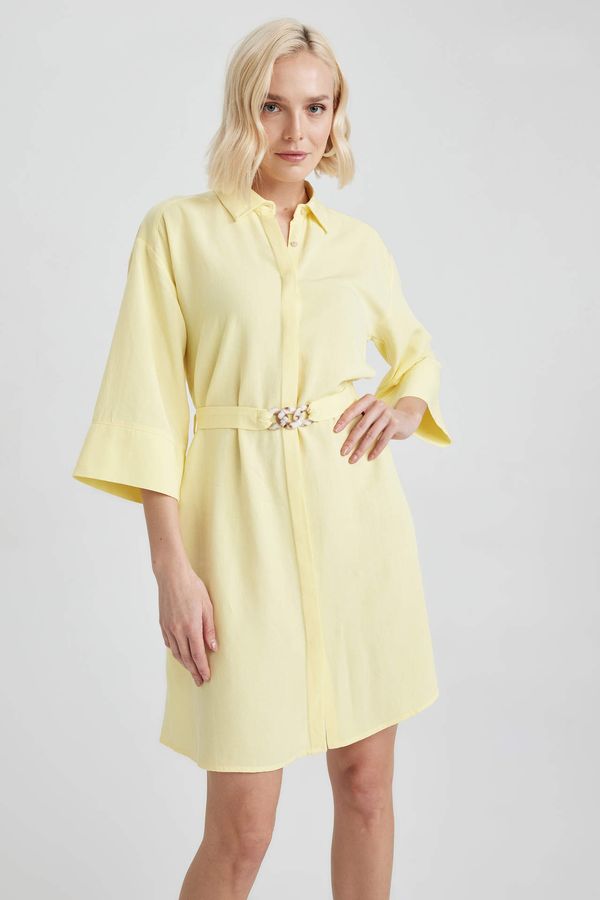 DEFACTO DEFACTO Shirt Collar Linen Blend Mini Long Sleeve Dress