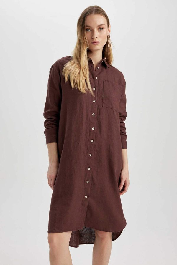 DEFACTO DEFACTO Shirt Collar linen Midi Long Sleeve Dress