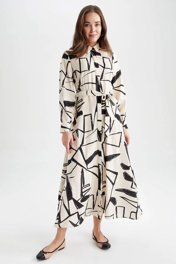 DEFACTO DEFACTO Shirt Collar Patterned and Belted Long Sleeve Maxi Dress