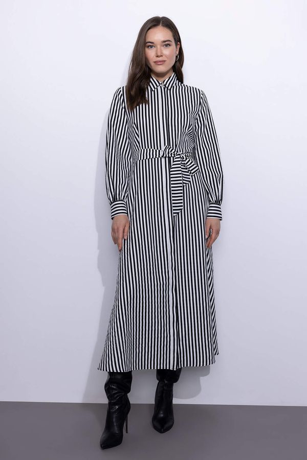 DEFACTO DEFACTO Shirt Collar Striped and Belted Long Sleeve Poplin Maxi Dress