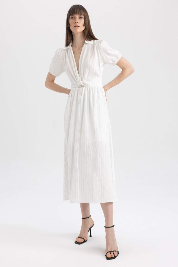 DEFACTO DEFACTO Shirt Collar Striped Balloon Sleeve Midi Short Sleeve Dress