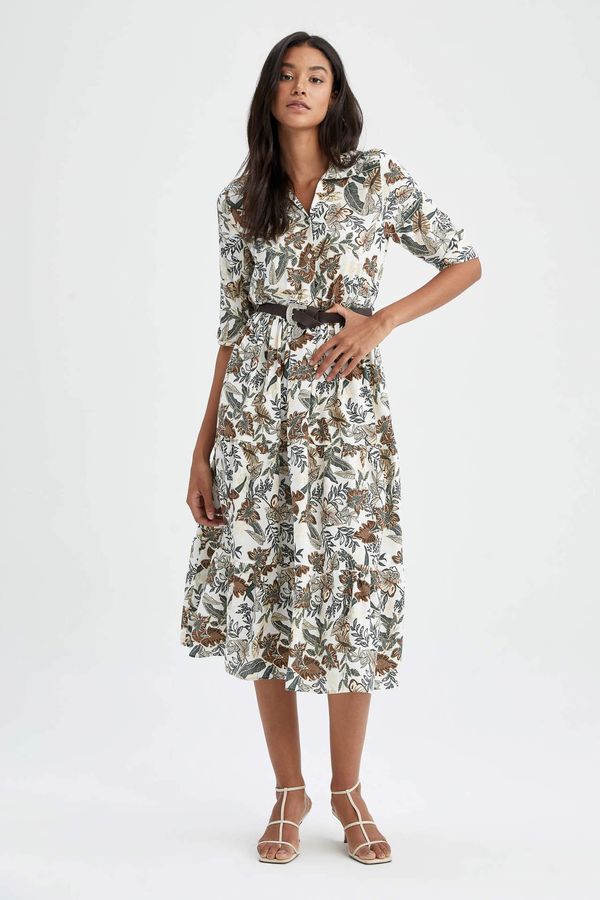 DEFACTO DEFACTO Shirt Collar Tropical Patterned Midi Long Sleeve Dress