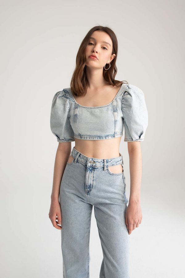 DEFACTO DEFACTO Slim Fit Balloon Sleeve Zippered Jean Crop Top