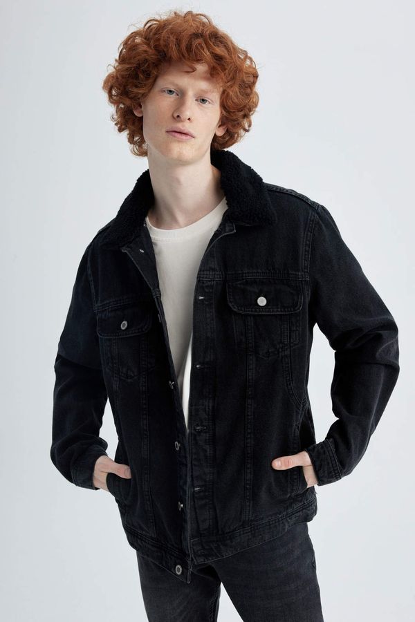 DEFACTO DEFACTO Slim Fit Faux Shearling Collar Jean Jacket