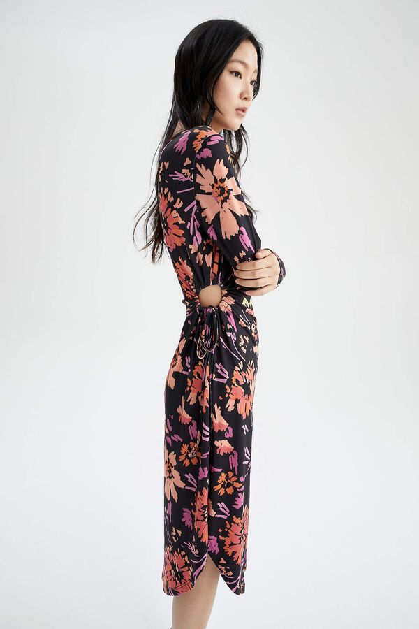 DEFACTO DEFACTO Slim Fit Patterned Cut Out Detailed Long Sleeve Maxi Dress
