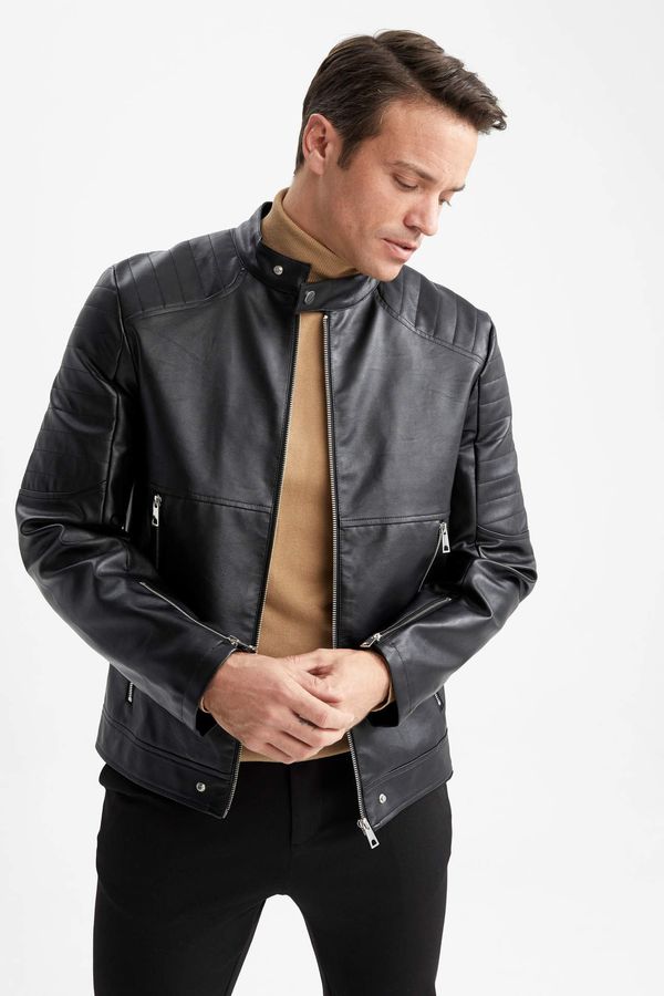 DEFACTO DEFACTO Slim Fit Standing Collar Faux Leather Coat