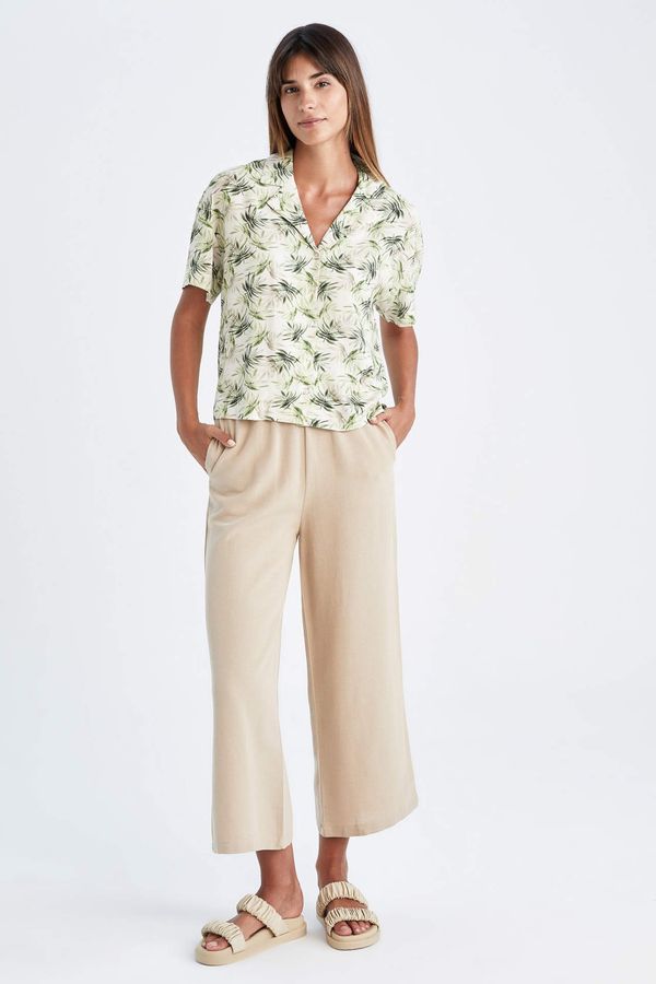 DEFACTO DEFACTO Straight Fit High Waist Wide Leg Linen Blend Trousers