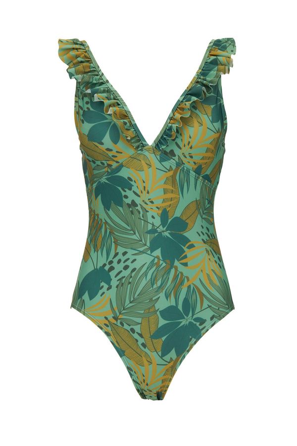 DEFACTO DEFACTO V Neck Frill Detail Tropic Print Swimsuit
