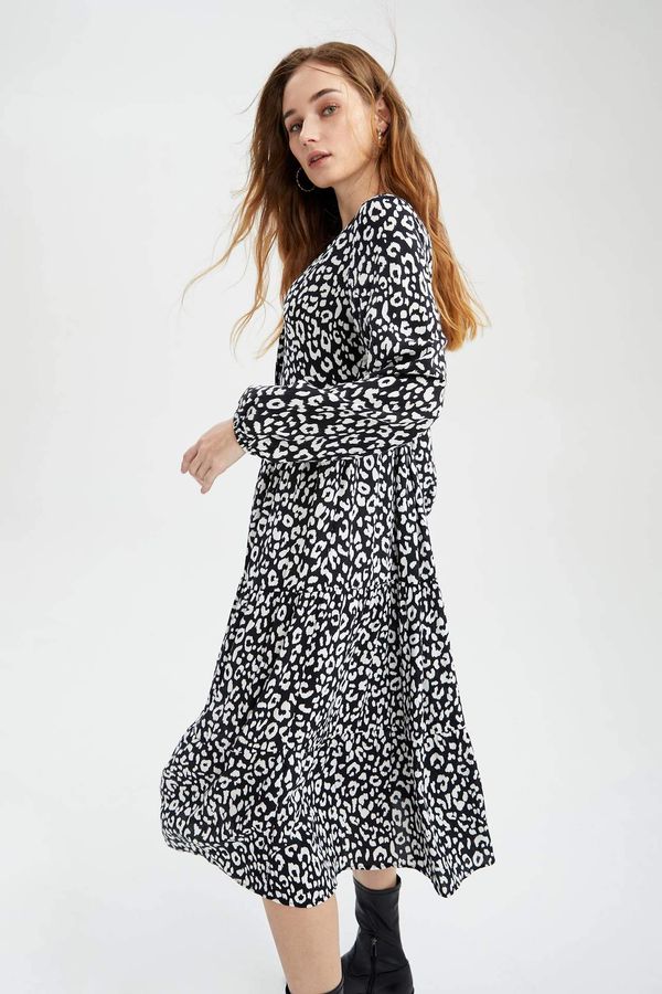 DEFACTO DEFACTO V Neck Long Sleeve Leopard Print Maxi Dress