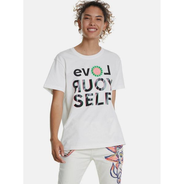DESIGUAL Desigual Love Your Self Printed Biały T-Shirt
