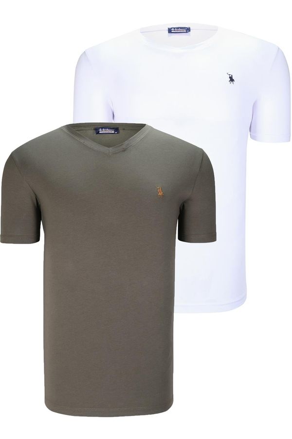 dewberry DUAL SET T8568 DEWBERRY V-NECK MENS T-SHIRT-WHITE-KHAKI