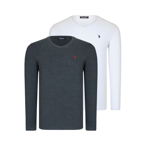 dewberry DUAL SET T8587 DEWBERRY V COLLAR MEN'S SWEATSHIRT-WHITE-ANTHRACITIS