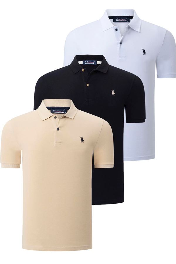 dewberry TRIPLE SET T8561 DEWBERRY MENS T-SHIRT-BLACK-WHITE-BEIGE