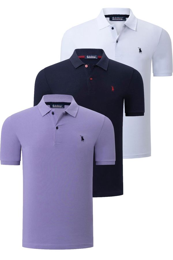 dewberry TRIPLE SET T8561 DEWBERRY MENS T-SHIRT-NAVY BLUE-WHITE-LILAC