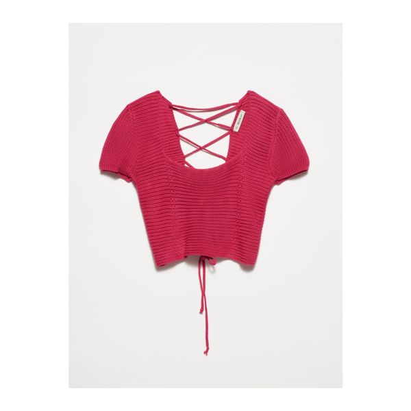 Dilvin Dilvin 10164 Square Collar Lace-Up Short Sleeve Sweater-fuchsia