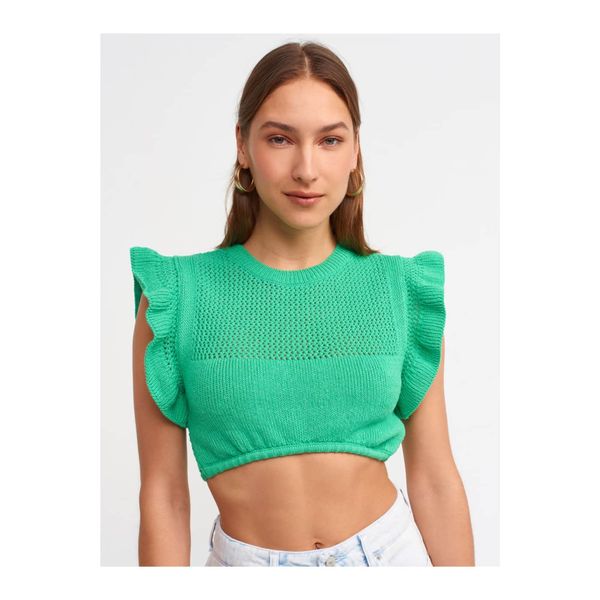 Dilvin Dilvin 10176 Ruffled Sleeves Crop Sweater-green