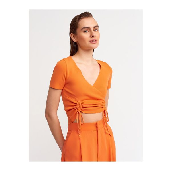 Dilvin Dilvin 10194 Double Breasted Collar Front Pleated Knitwear Crop-orange