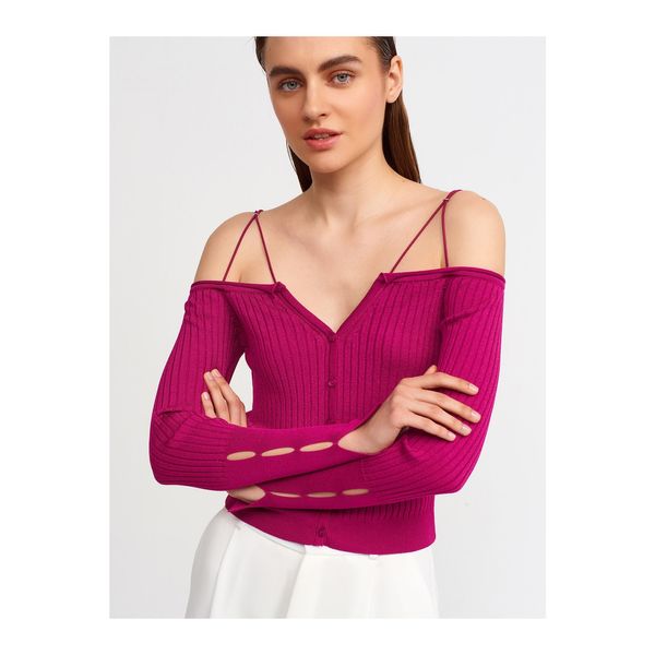 Dilvin Dilvin 1066 Open Shoulder Elastic Strap Knitwear Cardigan-raspberry