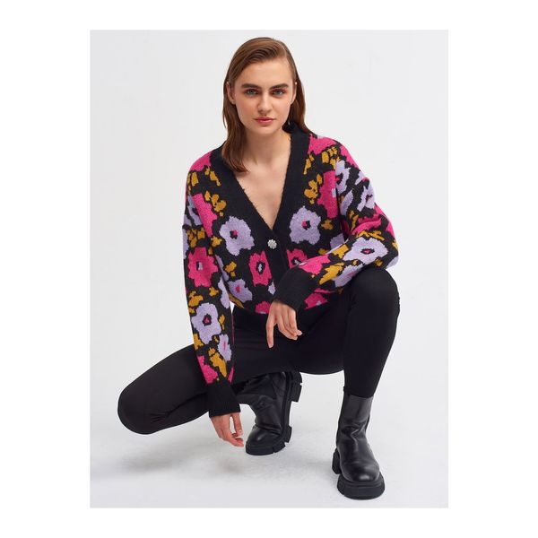 Dilvin Dilvin 1246 V-Neck Floral Patterned Knitwear Cardigan-black