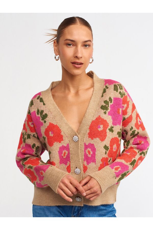 Dilvin Dilvin 1246 V-Neck Floral Patterned Knitwear Cardigan-dark Beige