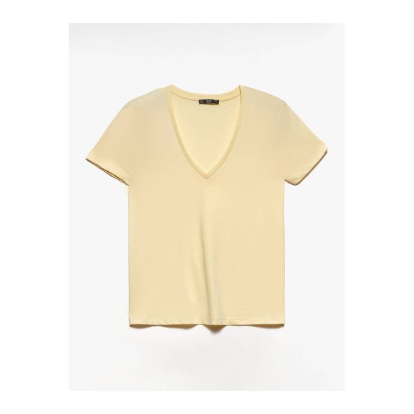 Dilvin Dilvin Women's Yellow V-Neck Combed Cotton Blouse 3505