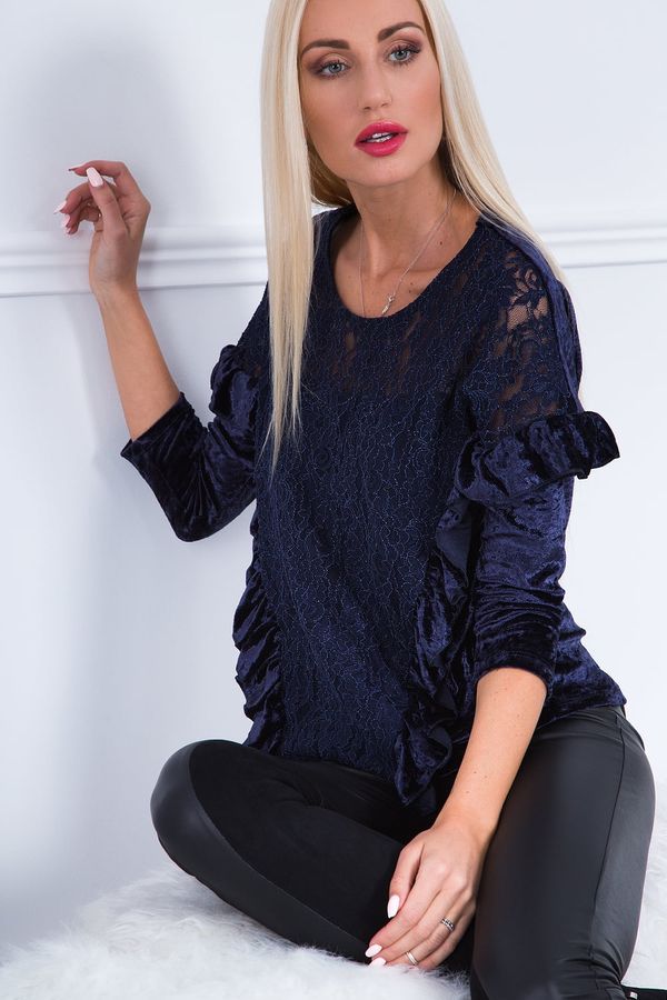 FASARDI Blouse with lace from crushed velour dark blue