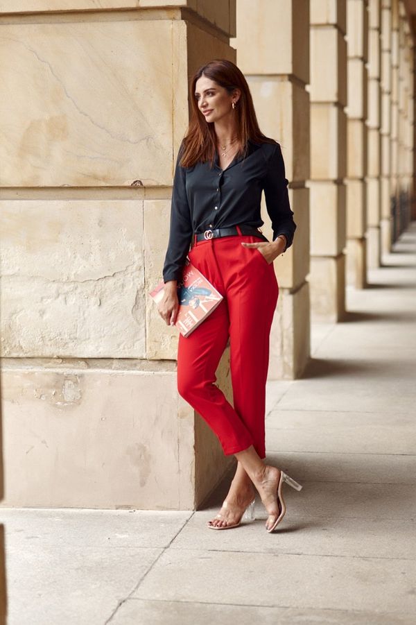 FASARDI Elegantní kalhoty s červeným řasením
