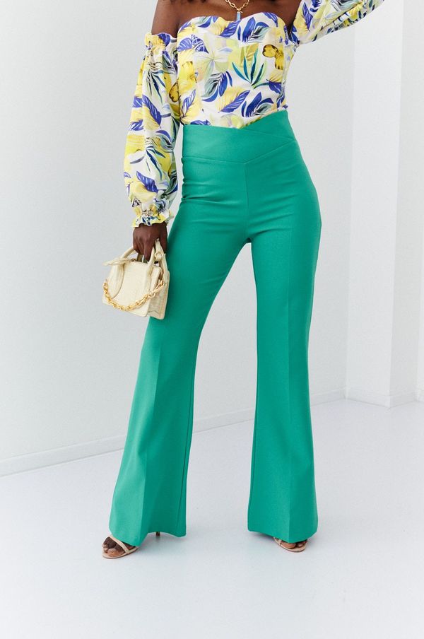 FASARDI Elegantní zelené dámské kalhoty s rozšířenými nohavicemi