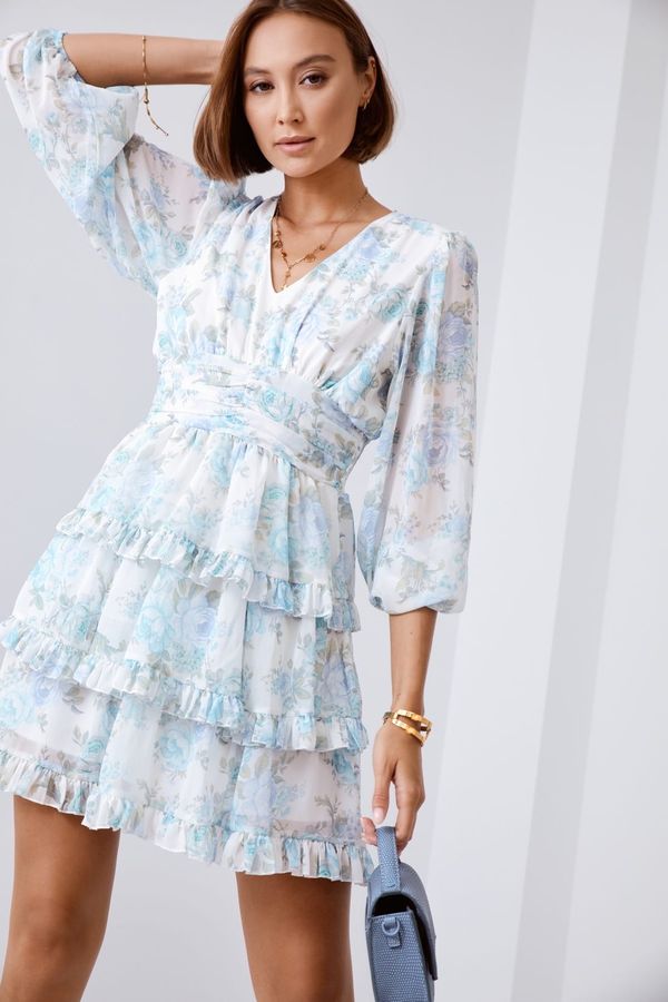 FASARDI Floral dress with long sleeves and ruffles, cream and blue