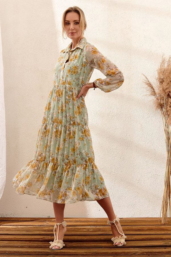 FASARDI Floral dress with pistachio collar