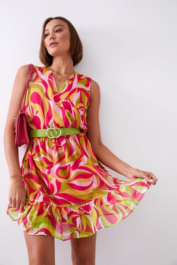 FASARDI Lehké vzorované šaty s neonově zeleno-růžovým páskem