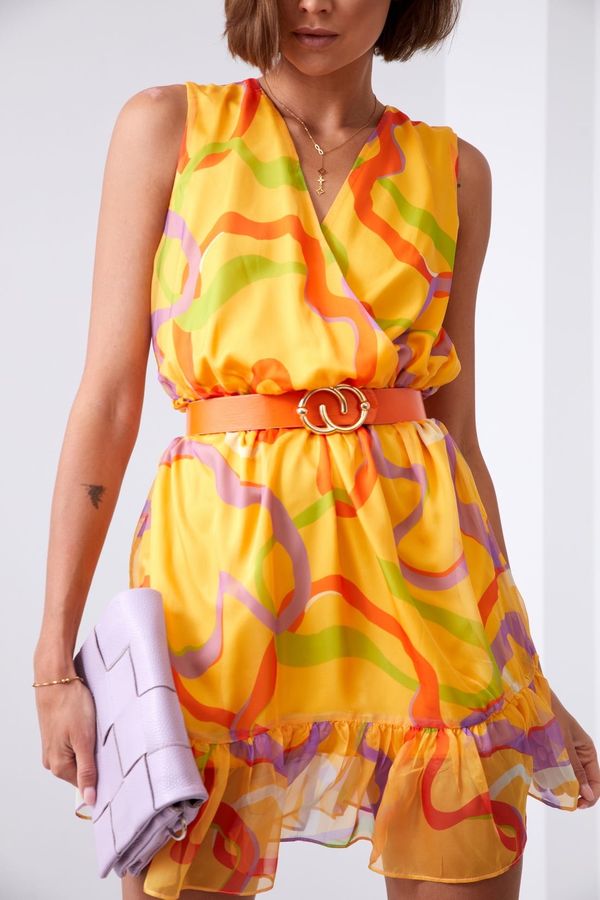 FASARDI Lehké vzorované šaty se šafránovým fialovým páskem