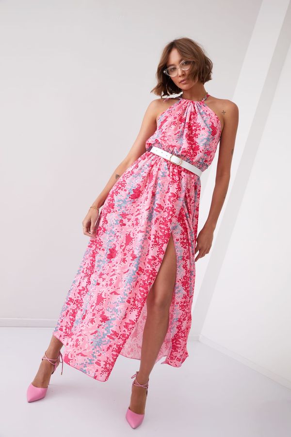 FASARDI Vzorované maxi šaty s nastavitelným výstřihem růžové