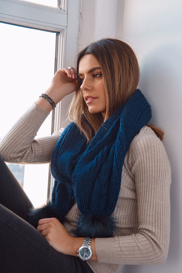 FASARDI Warm long scarf with pom-poms in dark blue color
