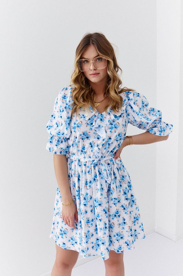 FASARDI White and blue floral dress with frill at the neckline