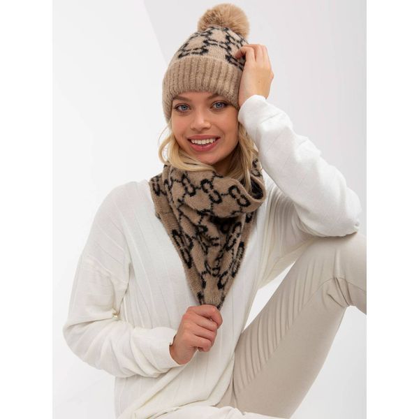 Fashionhunters Beige and black women's winter hat with a pompom