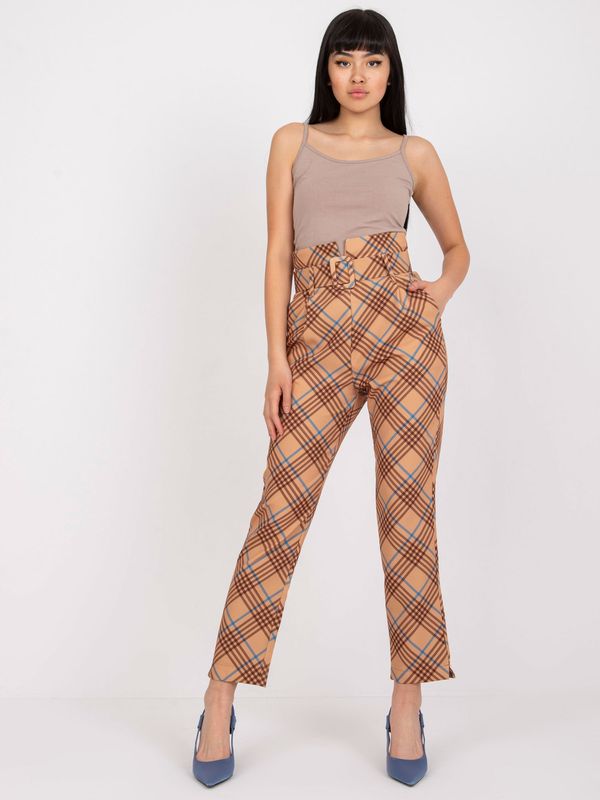 Fashionhunters Beige and blue plaid fabric trousers with belt