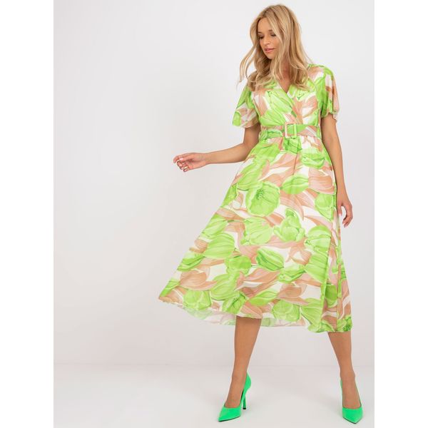 Fashionhunters Beige and green midi dress with colorful patterns