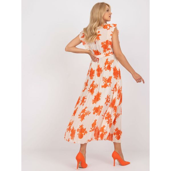 Fashionhunters Beige and orange long pleated dress with prints