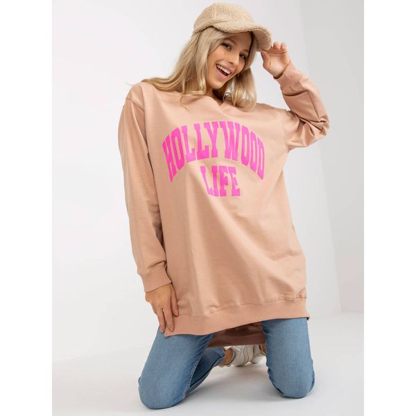 Fashionhunters Beige and pink oversize long sweatshirt with an inscription