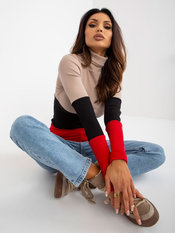 Fashionhunters Beige and red ribbed blouse with a simple turtleneck