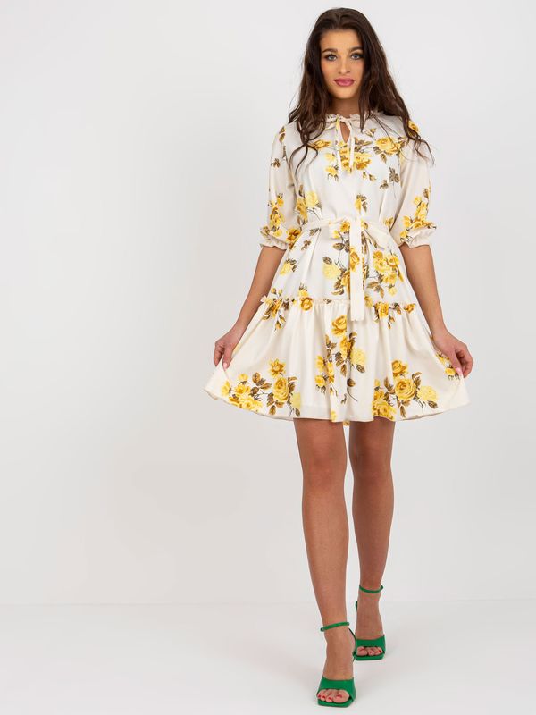 Fashionhunters Beige and yellow women's floral dress with belt
