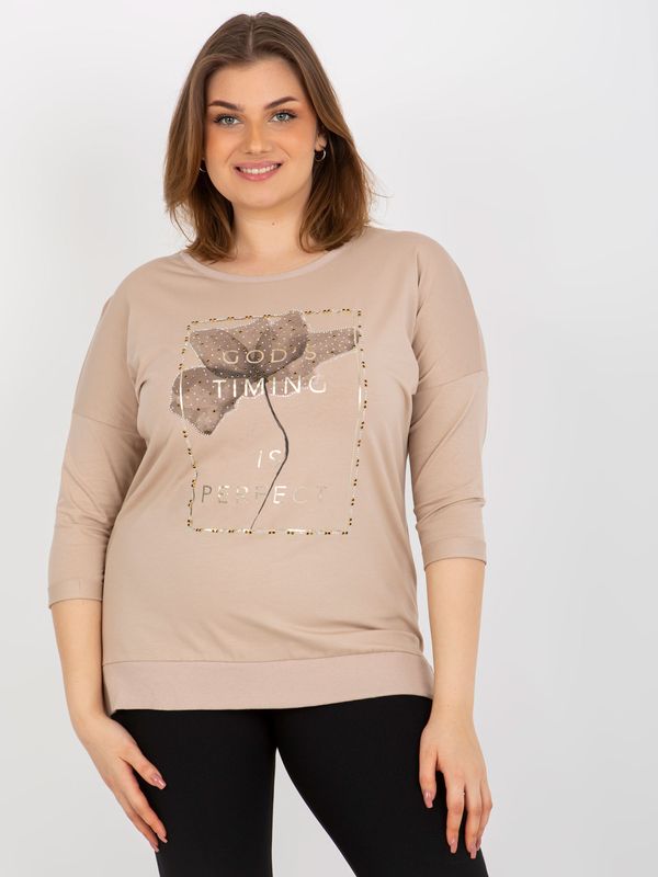 Fashionhunters Beige blouse plus size with 3/4 sleeves and lettering