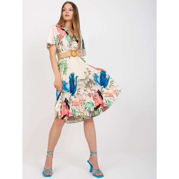 Fashionhunters Beige midi dress with prints and an envelope neckline