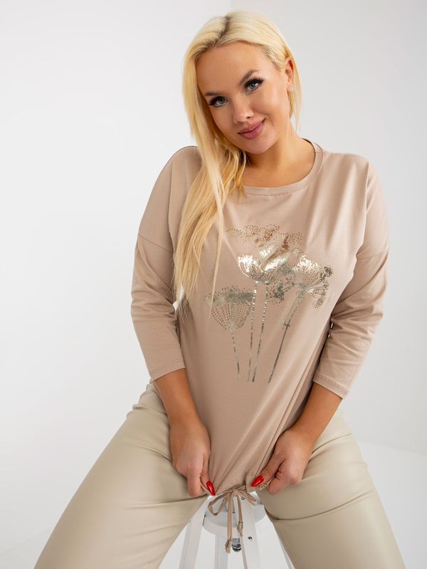 Fashionhunters Beige Plus T-shirt with ribbed print