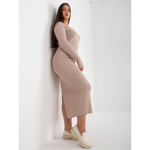 Fashionhunters Beige ribbed plus size dress with long sleeves