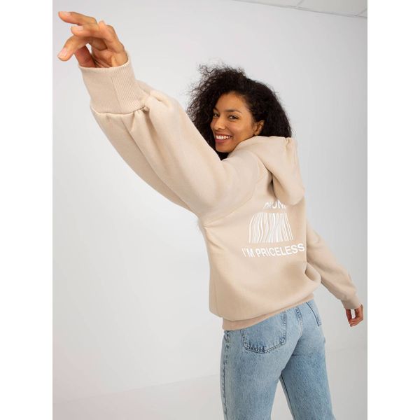 Fashionhunters Beige sweatshirt with a print on the back and a hood
