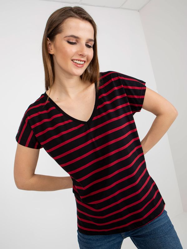 Fashionhunters Black and Red Women's Basic Striped Cotton T-Shirt