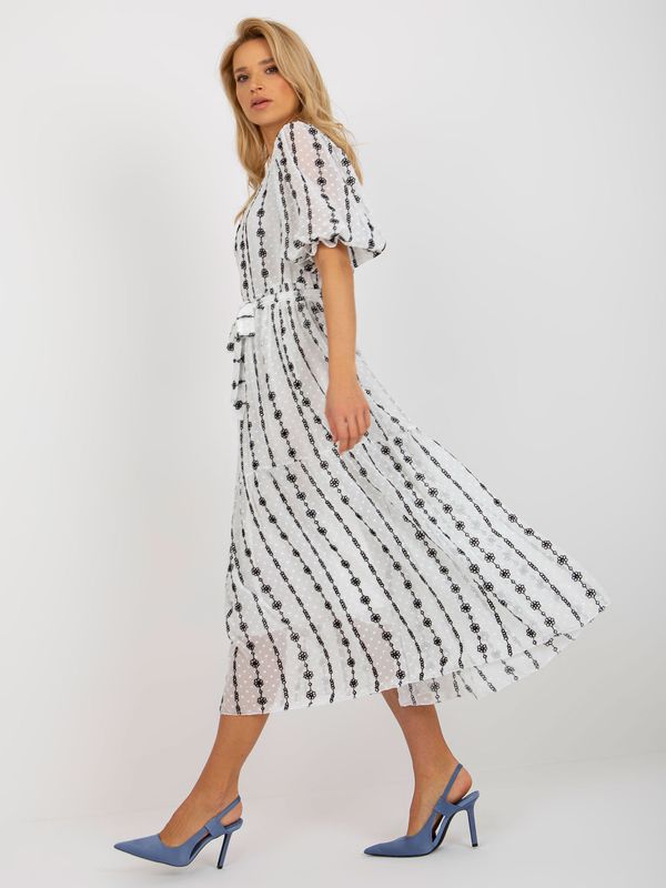 Fashionhunters Black and white midi dress with frills and embroidery