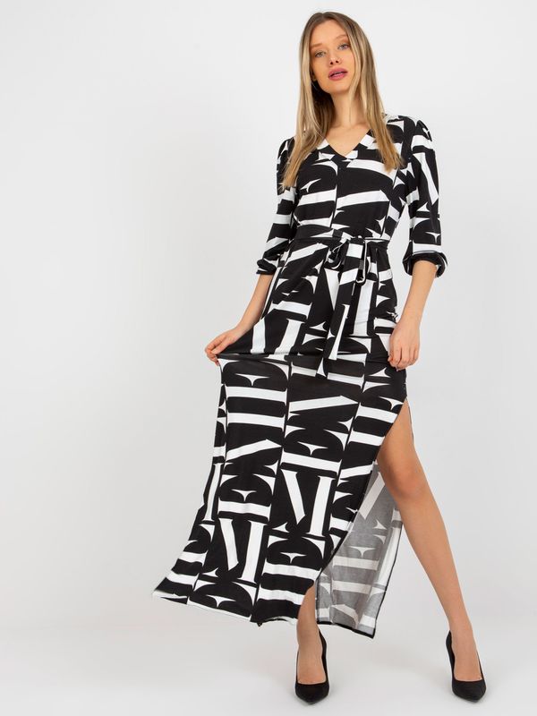 Fashionhunters Black and white midi dress with print and slits
